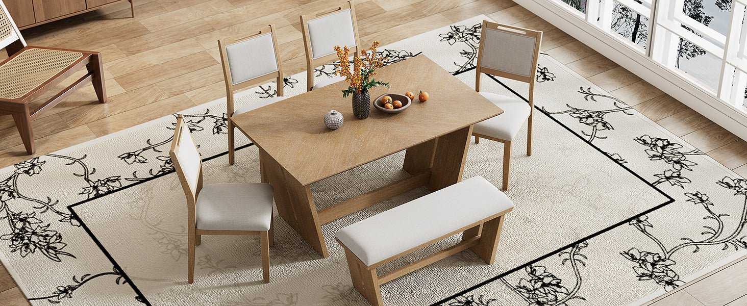 TREXM 6 - Piece Retro Dining Table Set for 6, 60' Wood Kitchen Table and Chairs Set of 4 with Bench Designed Trestle Base for kitchen & Dining Room (Natural Wood Wash) - 1st Choice Furniture Direct