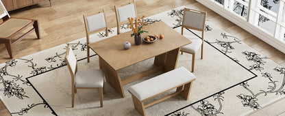 TREXM 6 - Piece Retro Dining Table Set for 6, 60' Wood Kitchen Table and Chairs Set of 4 with Bench Designed Trestle Base for kitchen & Dining Room (Natural Wood Wash) - 1st Choice Furniture Direct