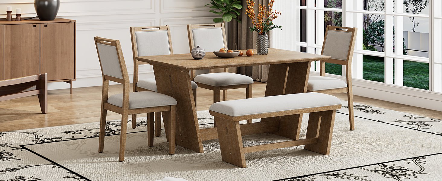 TREXM 6 - Piece Retro Dining Table Set for 6, 60' Wood Kitchen Table and Chairs Set of 4 with Bench Designed Trestle Base for kitchen & Dining Room (Natural Wood Wash) - 1st Choice Furniture Direct