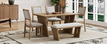 TREXM 6 - Piece Retro Dining Table Set for 6, 60' Wood Kitchen Table and Chairs Set of 4 with Bench Designed Trestle Base for kitchen & Dining Room (Natural Wood Wash) - 1st Choice Furniture Direct