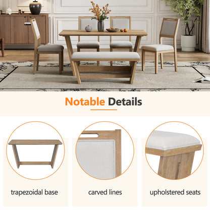 TREXM 6 - Piece Retro Dining Table Set for 6, 60' Wood Kitchen Table and Chairs Set of 4 with Bench Designed Trestle Base for kitchen & Dining Room (Natural Wood Wash) - 1st Choice Furniture Direct