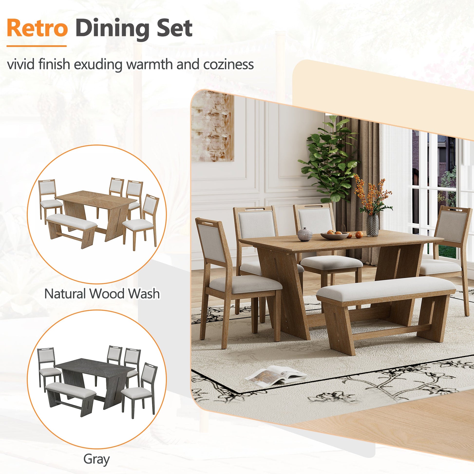 TREXM 6 - Piece Retro Dining Table Set for 6, 60' Wood Kitchen Table and Chairs Set of 4 with Bench Designed Trestle Base for kitchen & Dining Room (Natural Wood Wash) - 1st Choice Furniture Direct