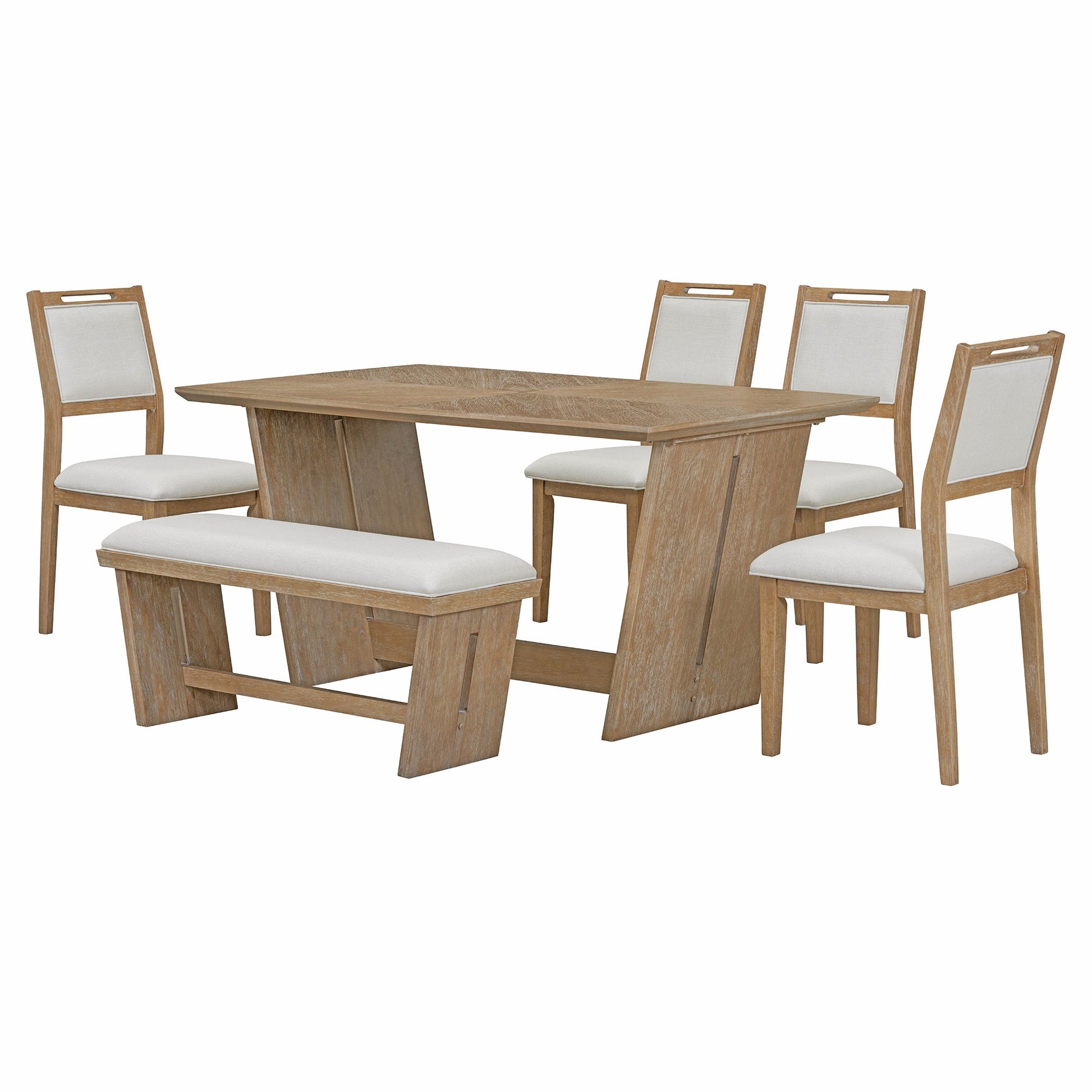 TREXM 6 - Piece Retro Dining Table Set for 6, 60' Wood Kitchen Table and Chairs Set of 4 with Bench Designed Trestle Base for kitchen & Dining Room (Natural Wood Wash) - 1st Choice Furniture Direct