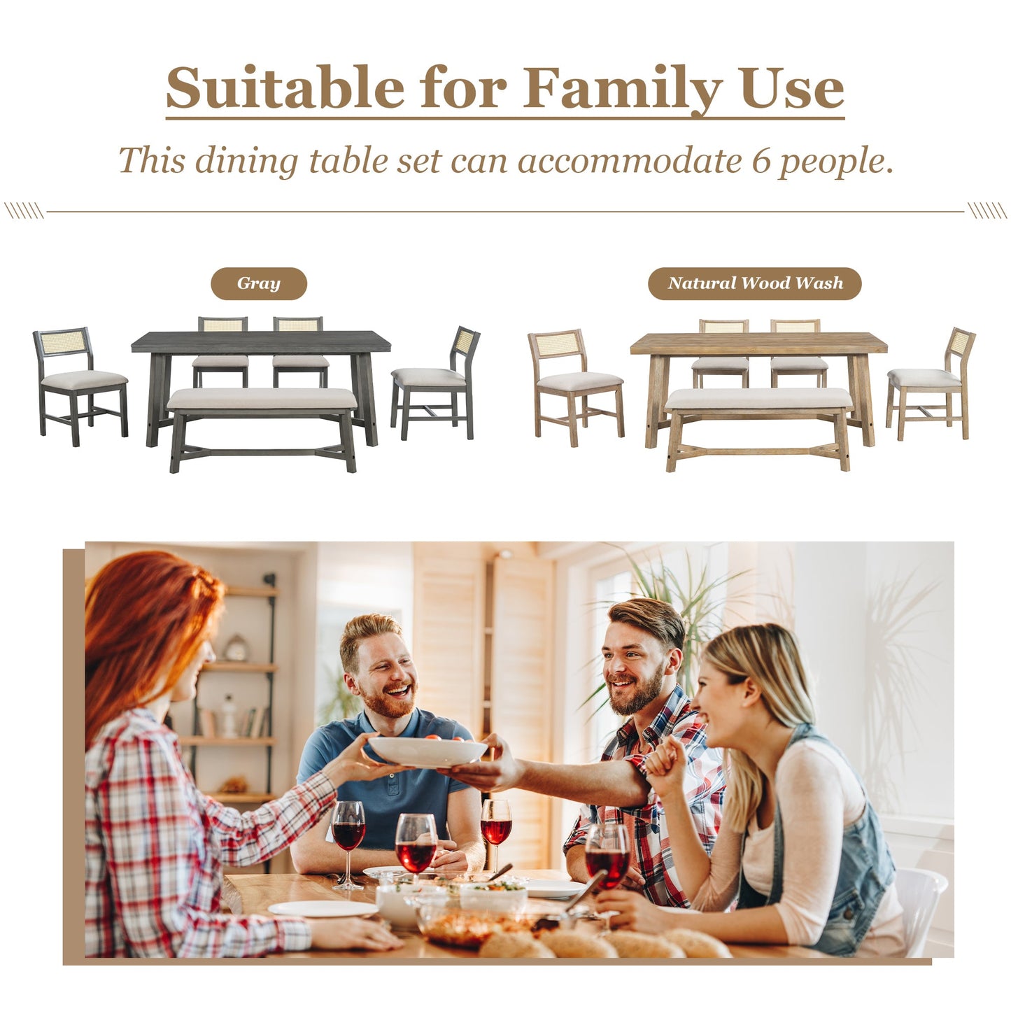 TREXM 6 - piece Retro Farmhouse Style Dining Set, Rectangular Table and 4 Upholstered Chairs with Rattan and Bench for Dining Room and Kitchen (Natural Wood Wash) - 1st Choice Furniture Direct