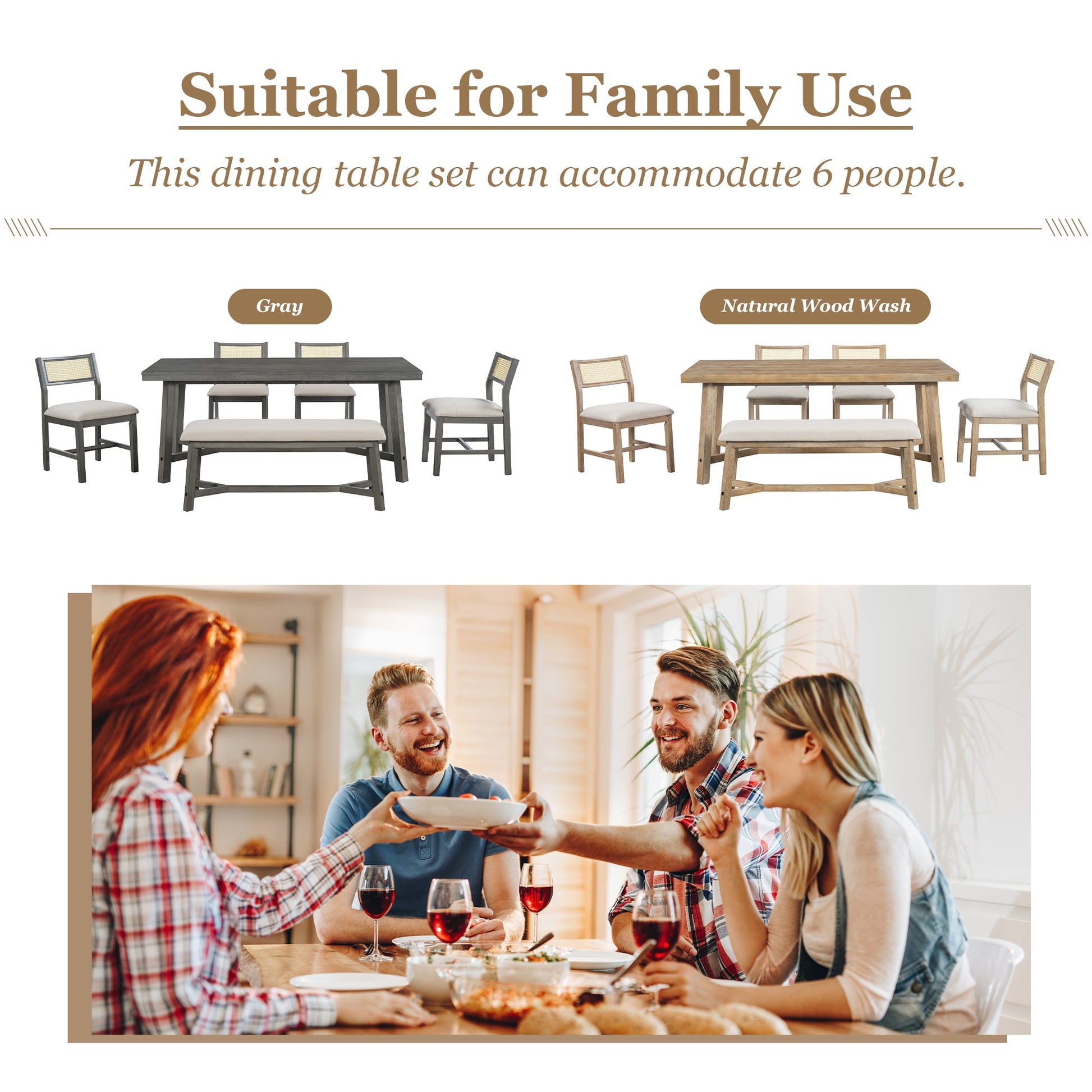 TREXM 6 - piece Retro Farmhouse Style Dining Set, Rectangular Table and 4 Upholstered Chairs with Rattan and Bench for Dining Room and Kitchen (Natural Wood Wash) - 1st Choice Furniture Direct