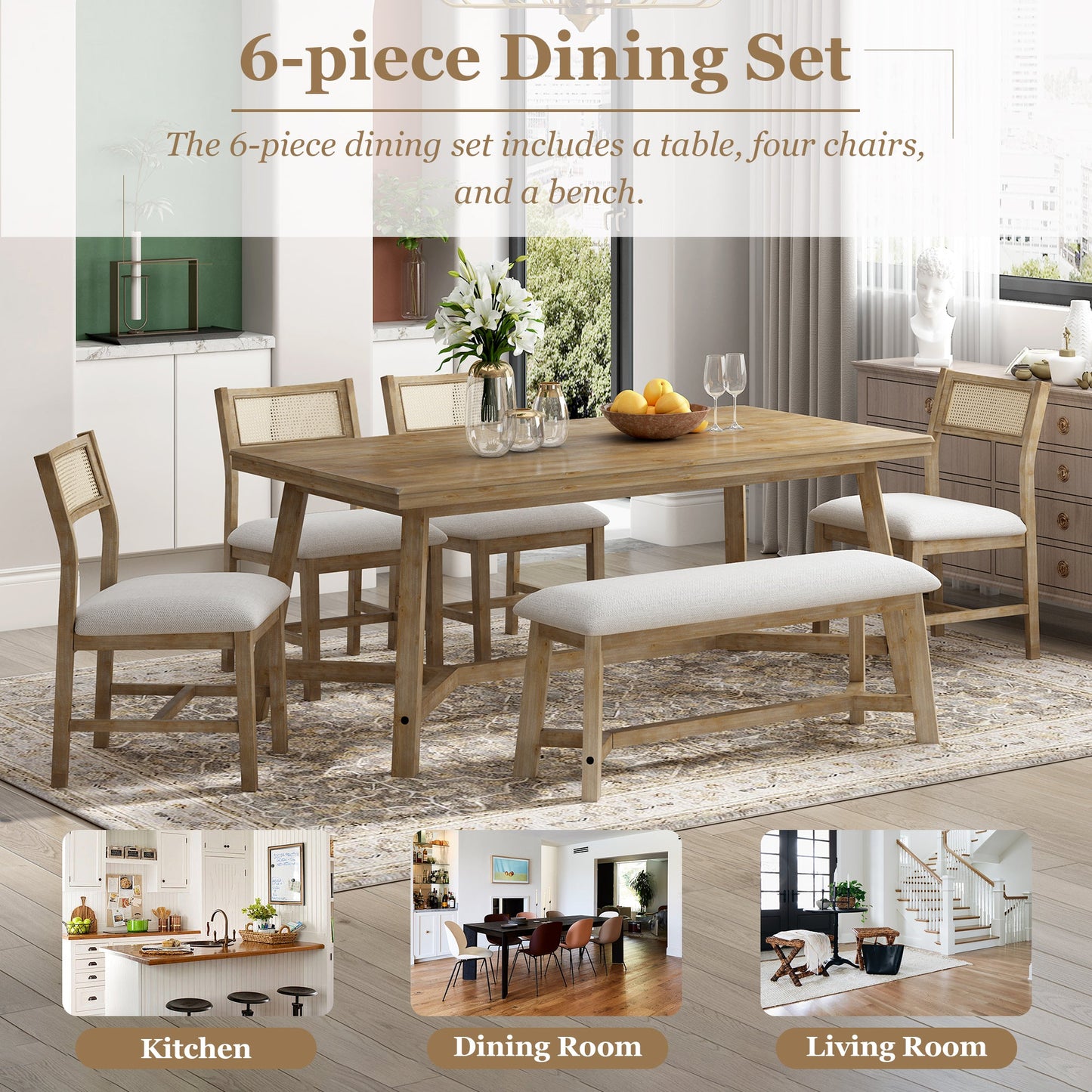 TREXM 6 - piece Retro Farmhouse Style Dining Set, Rectangular Table and 4 Upholstered Chairs with Rattan and Bench for Dining Room and Kitchen (Natural Wood Wash) - 1st Choice Furniture Direct