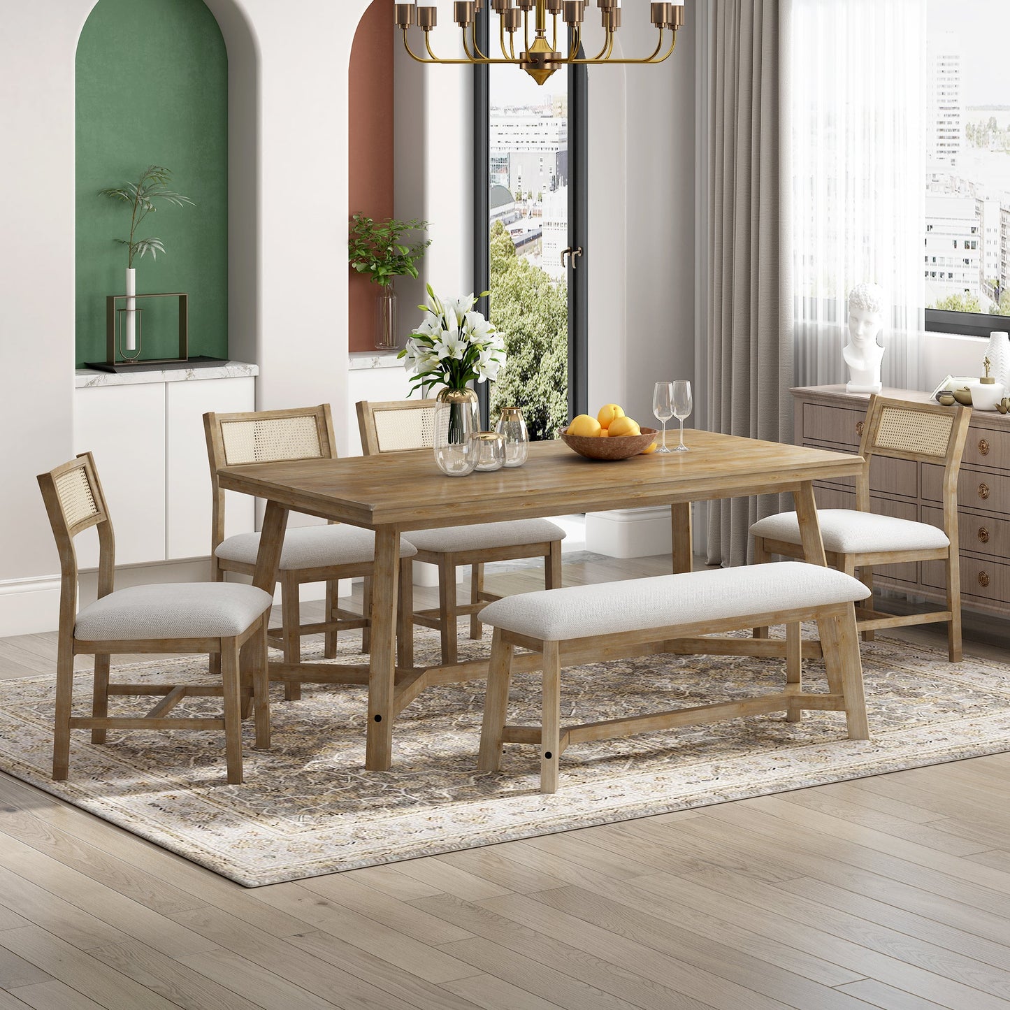 TREXM 6 - piece Retro Farmhouse Style Dining Set, Rectangular Table and 4 Upholstered Chairs with Rattan and Bench for Dining Room and Kitchen (Natural Wood Wash) - 1st Choice Furniture Direct