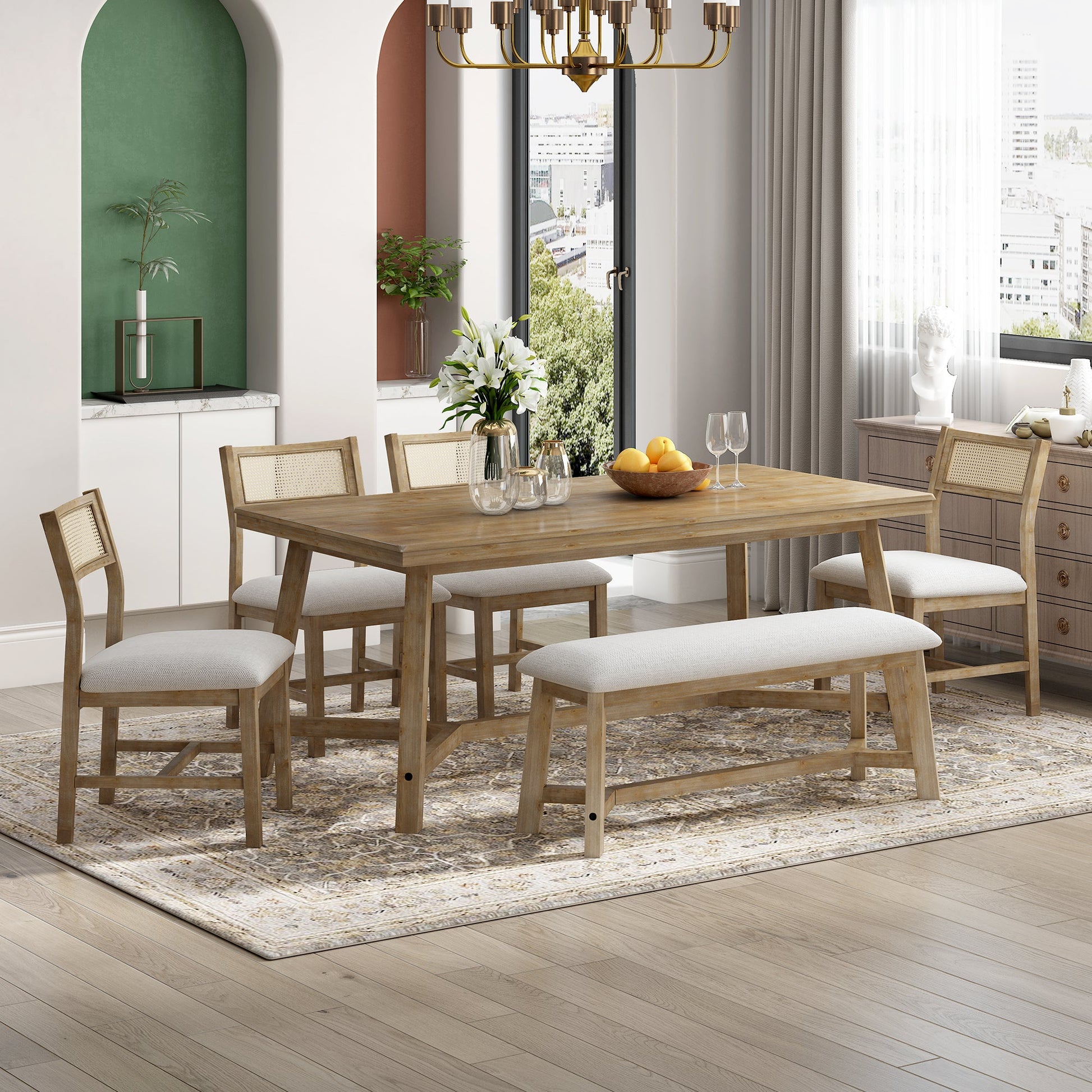TREXM 6 - piece Retro Farmhouse Style Dining Set, Rectangular Table and 4 Upholstered Chairs with Rattan and Bench for Dining Room and Kitchen (Natural Wood Wash) - 1st Choice Furniture Direct