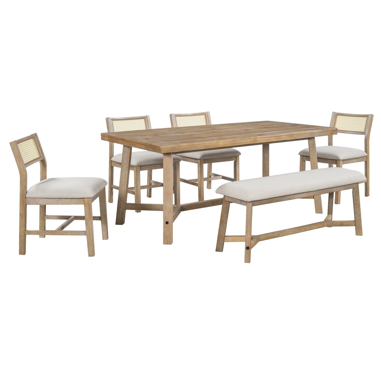 TREXM 6 - piece Retro Farmhouse Style Dining Set, Rectangular Table and 4 Upholstered Chairs with Rattan and Bench for Dining Room and Kitchen (Natural Wood Wash) - 1st Choice Furniture Direct
