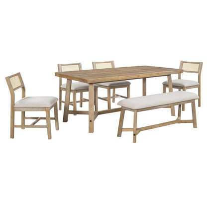 TREXM 6 - piece Retro Farmhouse Style Dining Set, Rectangular Table and 4 Upholstered Chairs with Rattan and Bench for Dining Room and Kitchen (Natural Wood Wash) - 1st Choice Furniture Direct