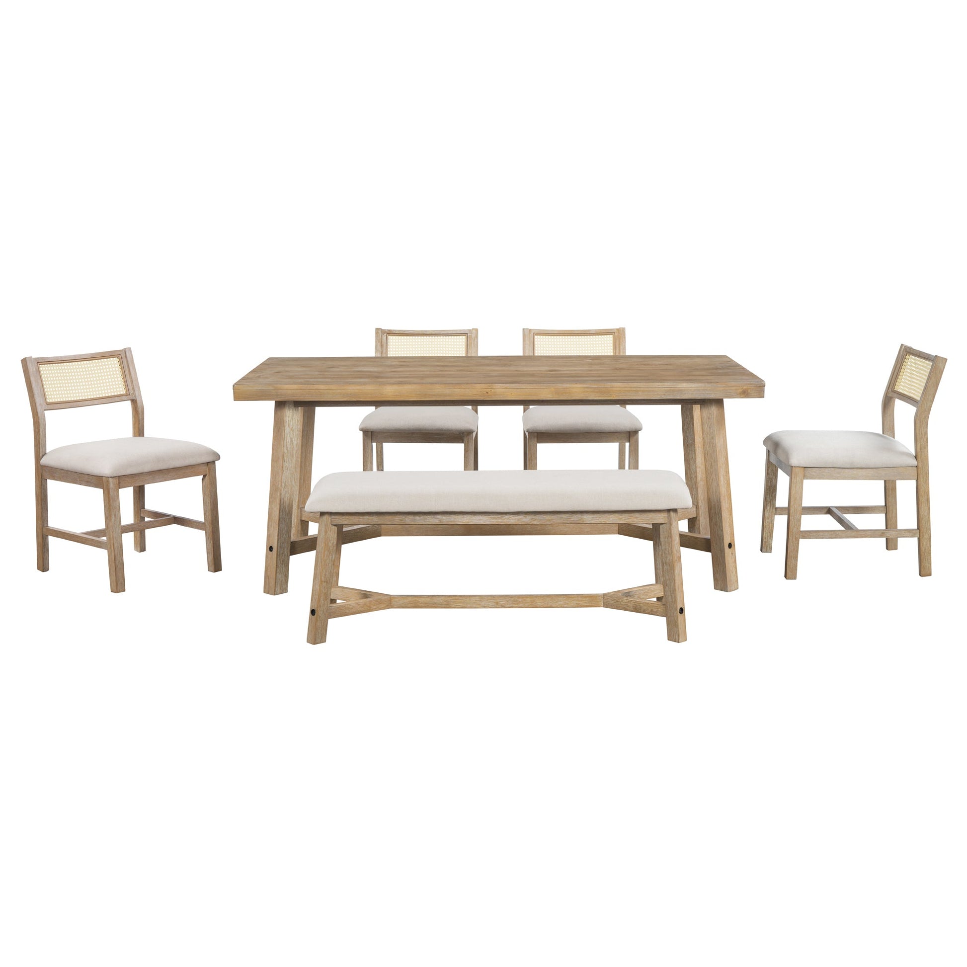 TREXM 6 - piece Retro Farmhouse Style Dining Set, Rectangular Table and 4 Upholstered Chairs with Rattan and Bench for Dining Room and Kitchen (Natural Wood Wash) - 1st Choice Furniture Direct