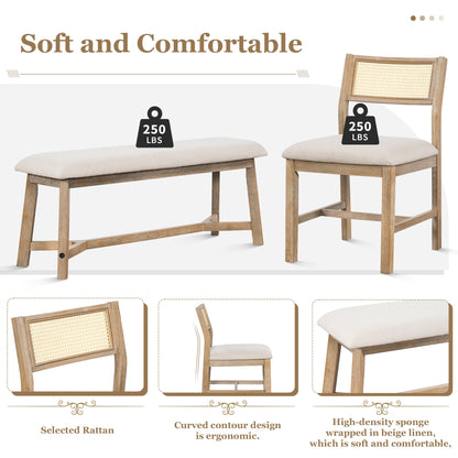 TREXM 6 - piece Retro Farmhouse Style Dining Set, Rectangular Table and 4 Upholstered Chairs with Rattan and Bench for Dining Room and Kitchen (Natural Wood Wash) - 1st Choice Furniture Direct