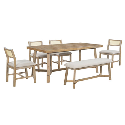 TREXM 6 - piece Retro Farmhouse Style Dining Set, Rectangular Table and 4 Upholstered Chairs with Rattan and Bench for Dining Room and Kitchen (Natural Wood Wash) - 1st Choice Furniture Direct