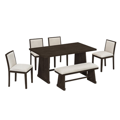 TREXM 6 - Piece Rustic Farmhouse Dining Table Set with Wire Brushed Design, Rectangular Dining Table with Trapezoid Legs, 4 Upholstered Linen Chairs & 1 Padded Bench for Dining Room & Kitchen (Espresso) - 1st Choice Furniture Direct
