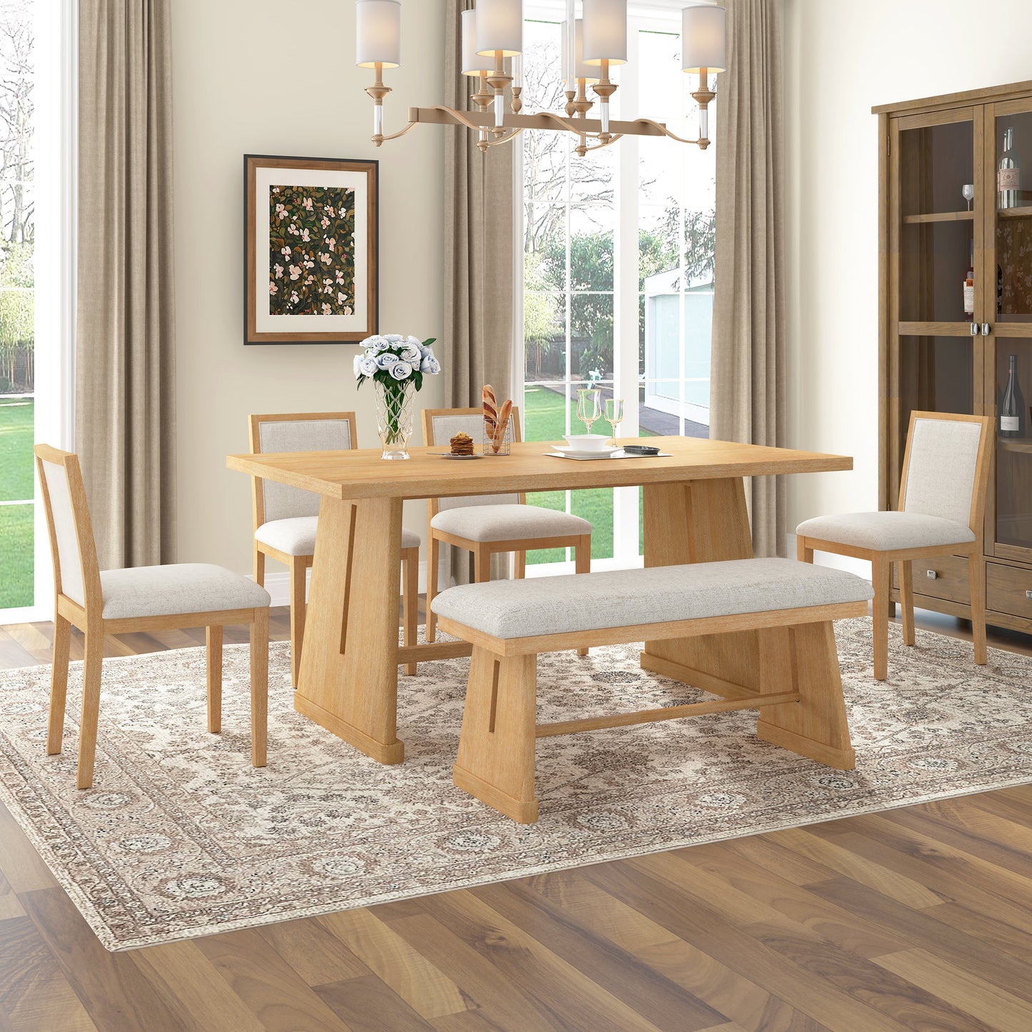 TREXM 6 - Piece Rustic Farmhouse Dining Table Set with Wire Brushed Design, Rectangular Dining Table with Trapezoid Legs, 4 Upholstered Linen Chairs & 1 Padded Bench for Dining Room & Kitchen (Natural) - 1st Choice Furniture Direct