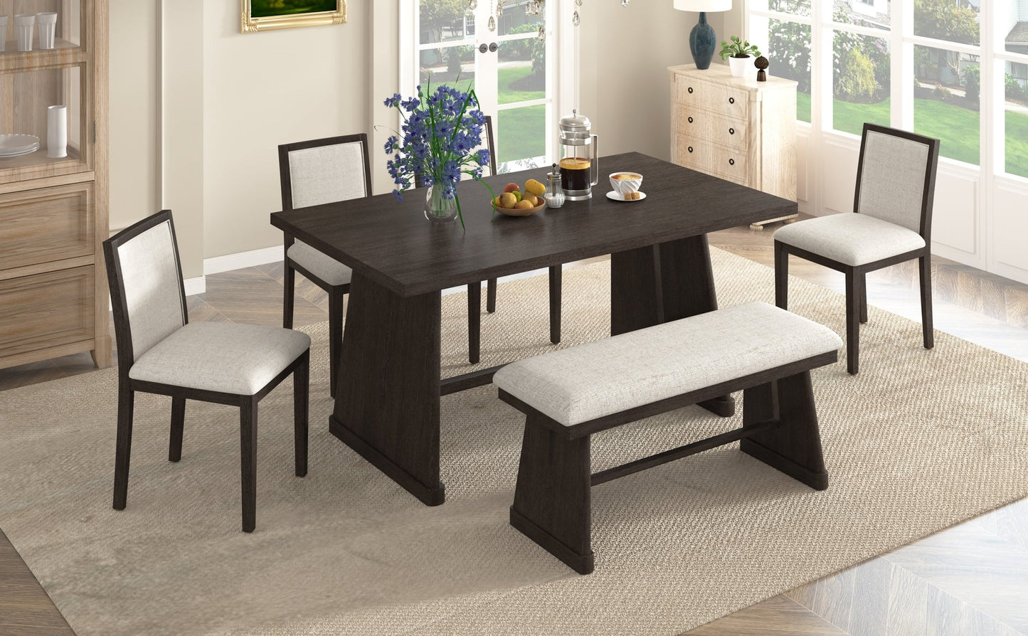 TREXM 6 - Piece Rustic Farmhouse Dining Table Set with Wire Brushed Design, Rectangular Dining Table with Trapezoid Legs, 4 Upholstered Linen Chairs & 1 Padded Bench for Dining Room & Kitchen (Espresso) - 1st Choice Furniture Direct