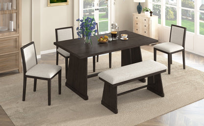 TREXM 6 - Piece Rustic Farmhouse Dining Table Set with Wire Brushed Design, Rectangular Dining Table with Trapezoid Legs, 4 Upholstered Linen Chairs & 1 Padded Bench for Dining Room & Kitchen (Espresso) - 1st Choice Furniture Direct