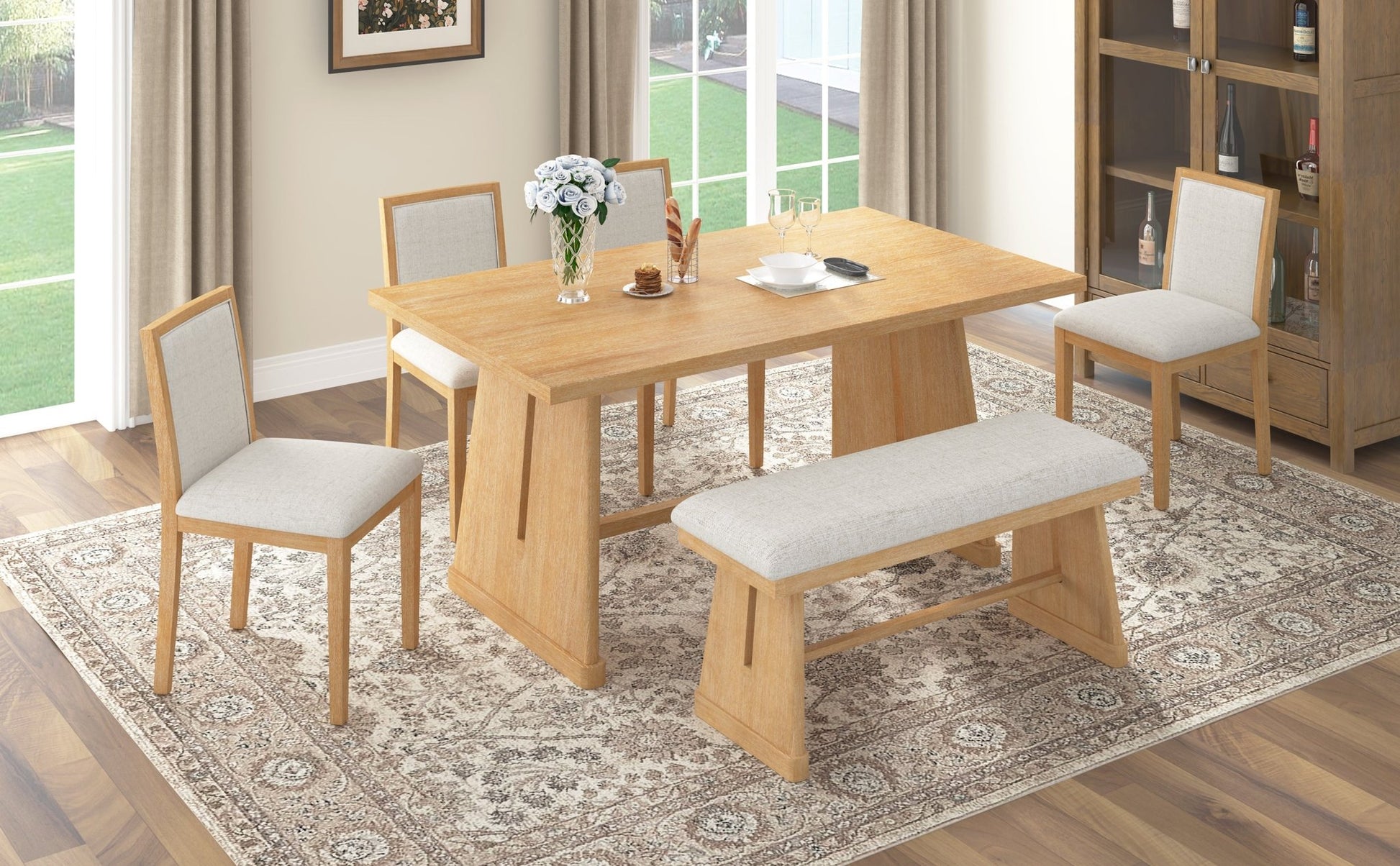 TREXM 6 - Piece Rustic Farmhouse Dining Table Set with Wire Brushed Design, Rectangular Dining Table with Trapezoid Legs, 4 Upholstered Linen Chairs & 1 Padded Bench for Dining Room & Kitchen (Natural) - 1st Choice Furniture Direct