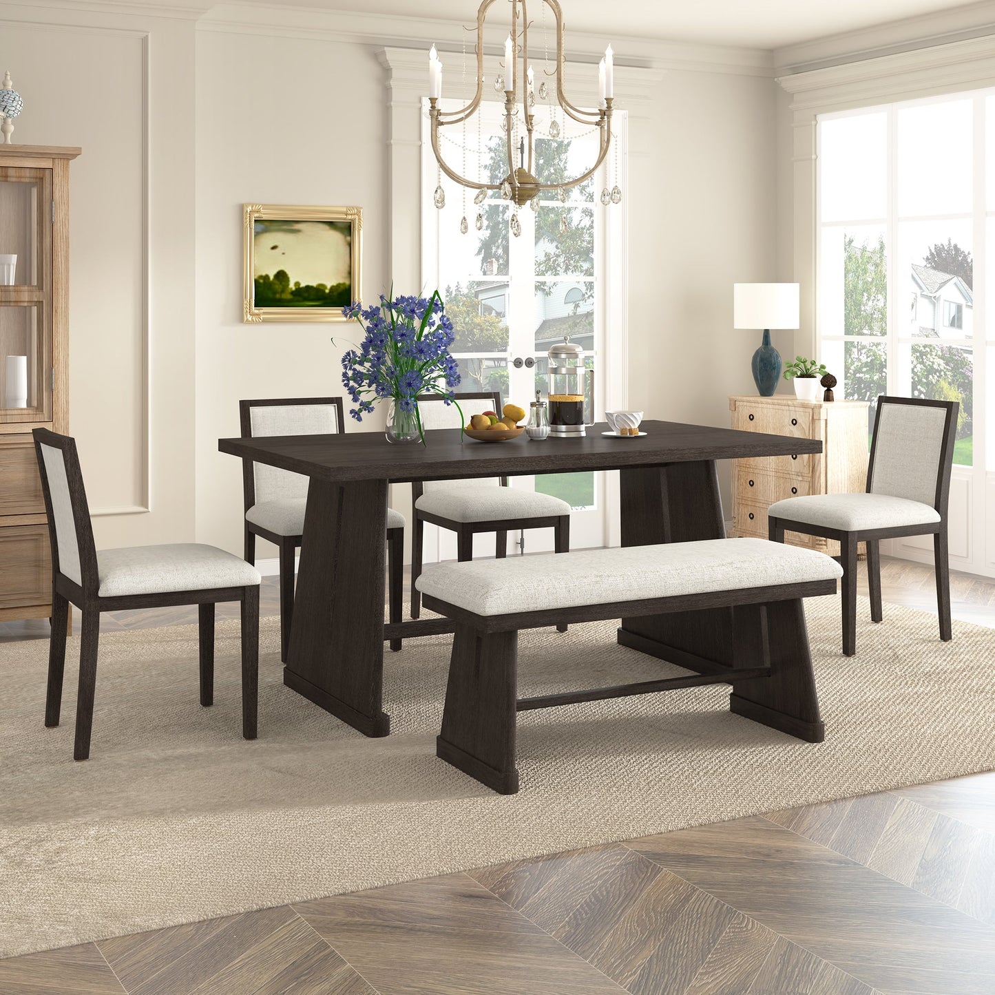 TREXM 6 - Piece Rustic Farmhouse Dining Table Set with Wire Brushed Design, Rectangular Dining Table with Trapezoid Legs, 4 Upholstered Linen Chairs & 1 Padded Bench for Dining Room & Kitchen (Espresso) - 1st Choice Furniture Direct