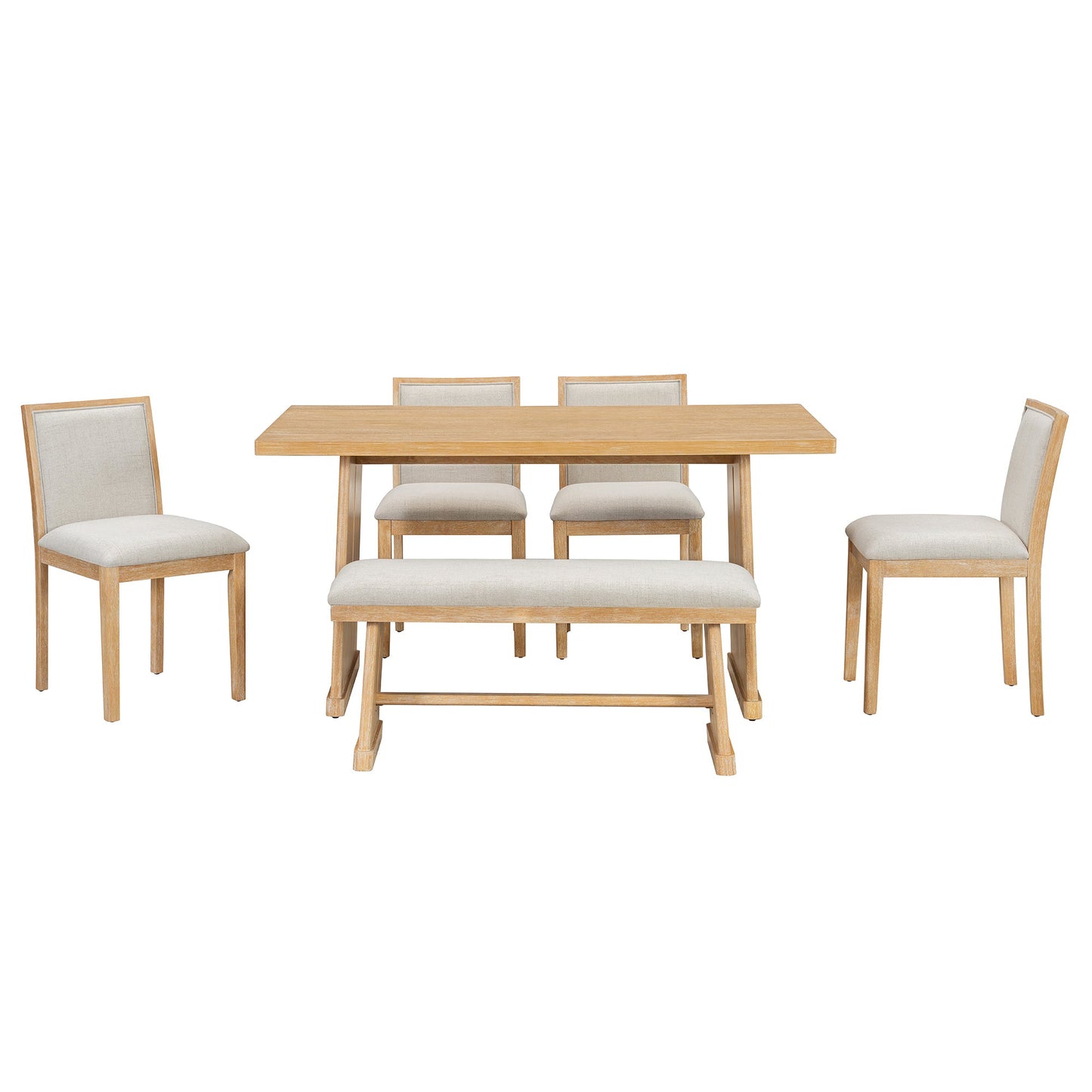 TREXM 6 - Piece Rustic Farmhouse Dining Table Set with Wire Brushed Design, Rectangular Dining Table with Trapezoid Legs, 4 Upholstered Linen Chairs & 1 Padded Bench for Dining Room & Kitchen (Natural) - 1st Choice Furniture Direct