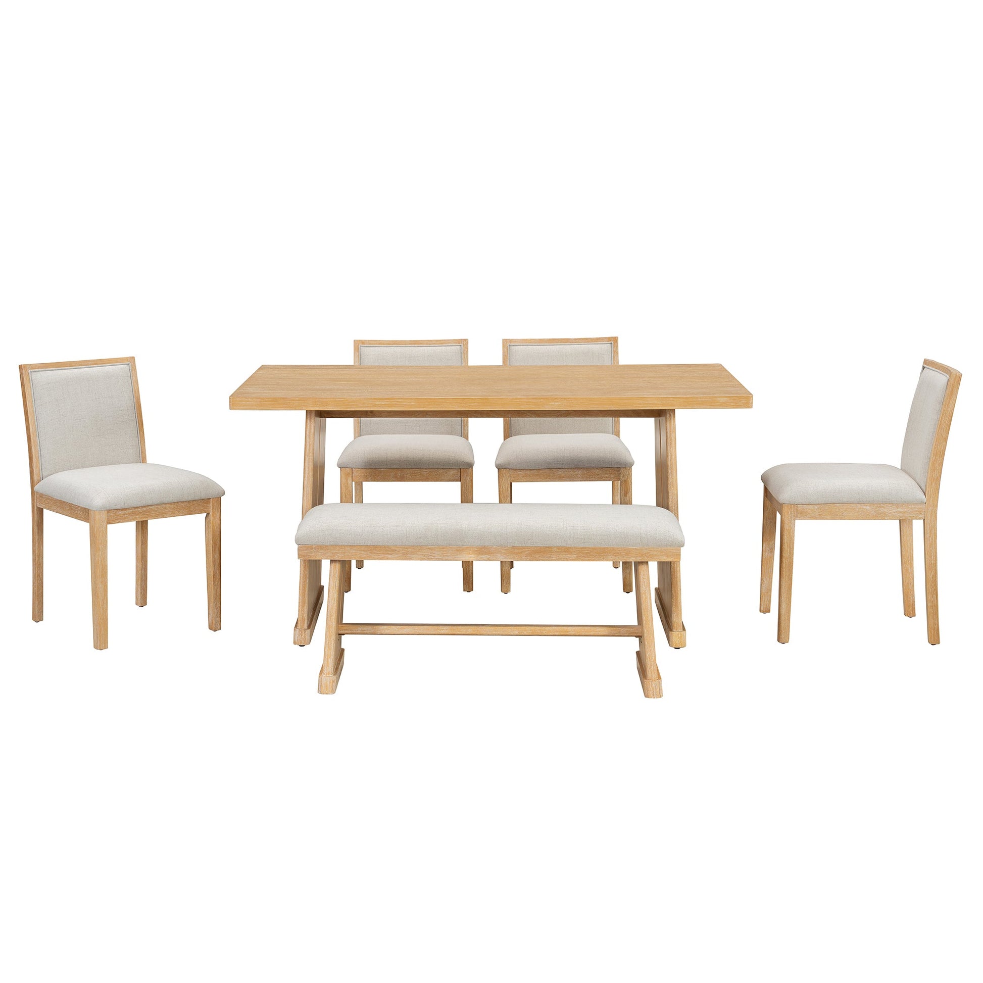 TREXM 6 - Piece Rustic Farmhouse Dining Table Set with Wire Brushed Design, Rectangular Dining Table with Trapezoid Legs, 4 Upholstered Linen Chairs & 1 Padded Bench for Dining Room & Kitchen (Natural) - 1st Choice Furniture Direct