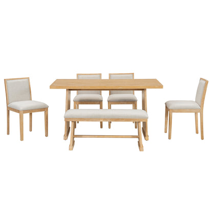 TREXM 6 - Piece Rustic Farmhouse Dining Table Set with Wire Brushed Design, Rectangular Dining Table with Trapezoid Legs, 4 Upholstered Linen Chairs & 1 Padded Bench for Dining Room & Kitchen (Natural) - 1st Choice Furniture Direct