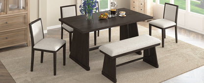TREXM 6 - Piece Rustic Farmhouse Dining Table Set with Wire Brushed Design, Rectangular Dining Table with Trapezoid Legs, 4 Upholstered Linen Chairs & 1 Padded Bench for Dining Room & Kitchen (Espresso) - 1st Choice Furniture Direct