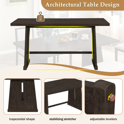 TREXM 6 - Piece Rustic Farmhouse Dining Table Set with Wire Brushed Design, Rectangular Dining Table with Trapezoid Legs, 4 Upholstered Linen Chairs & 1 Padded Bench for Dining Room & Kitchen (Espresso) - 1st Choice Furniture Direct
