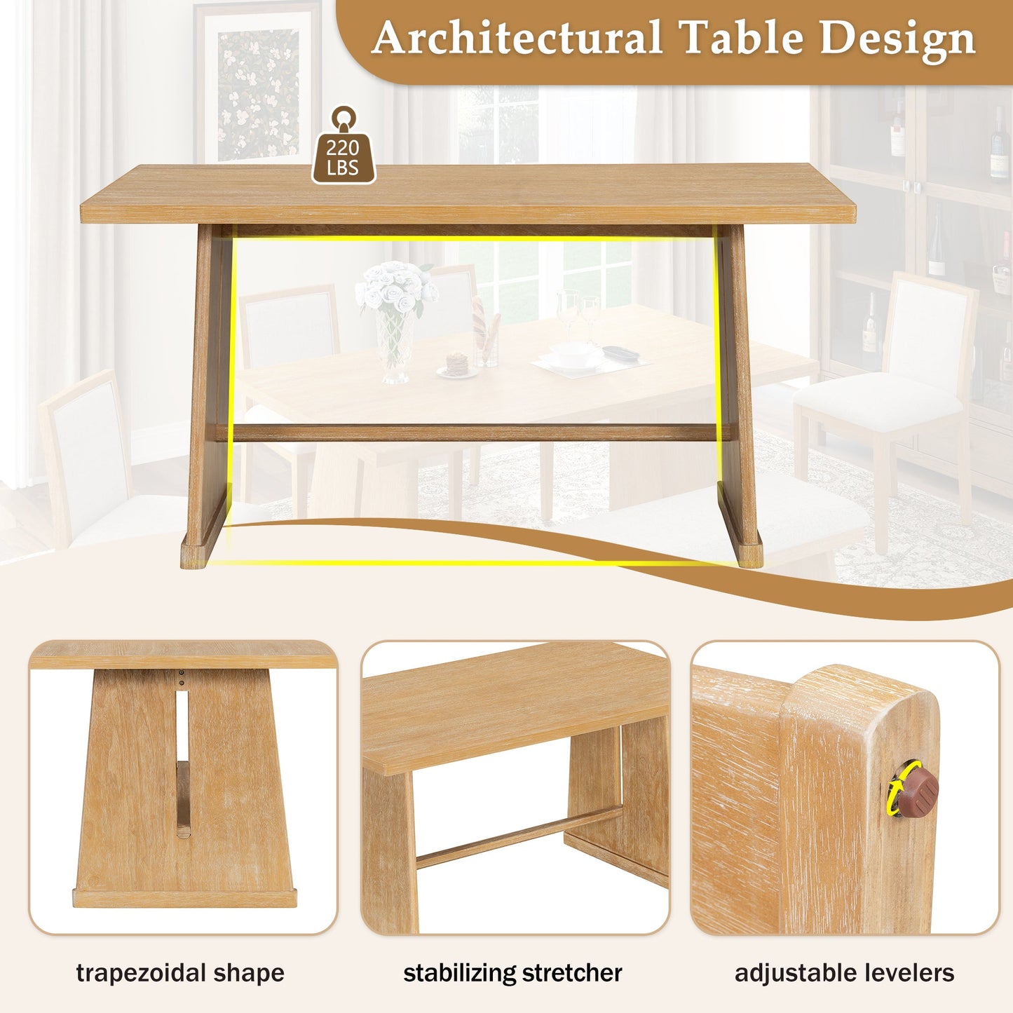 TREXM 6 - Piece Rustic Farmhouse Dining Table Set with Wire Brushed Design, Rectangular Dining Table with Trapezoid Legs, 4 Upholstered Linen Chairs & 1 Padded Bench for Dining Room & Kitchen (Natural) - 1st Choice Furniture Direct