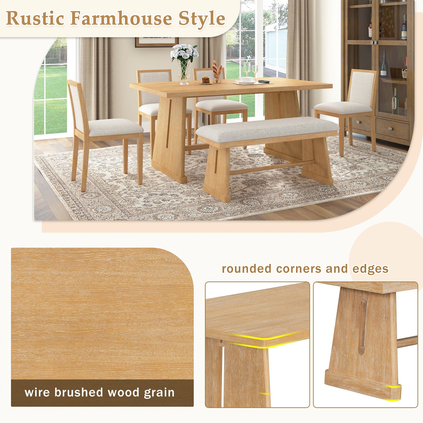 TREXM 6 - Piece Rustic Farmhouse Dining Table Set with Wire Brushed Design, Rectangular Dining Table with Trapezoid Legs, 4 Upholstered Linen Chairs & 1 Padded Bench for Dining Room & Kitchen (Natural) - 1st Choice Furniture Direct