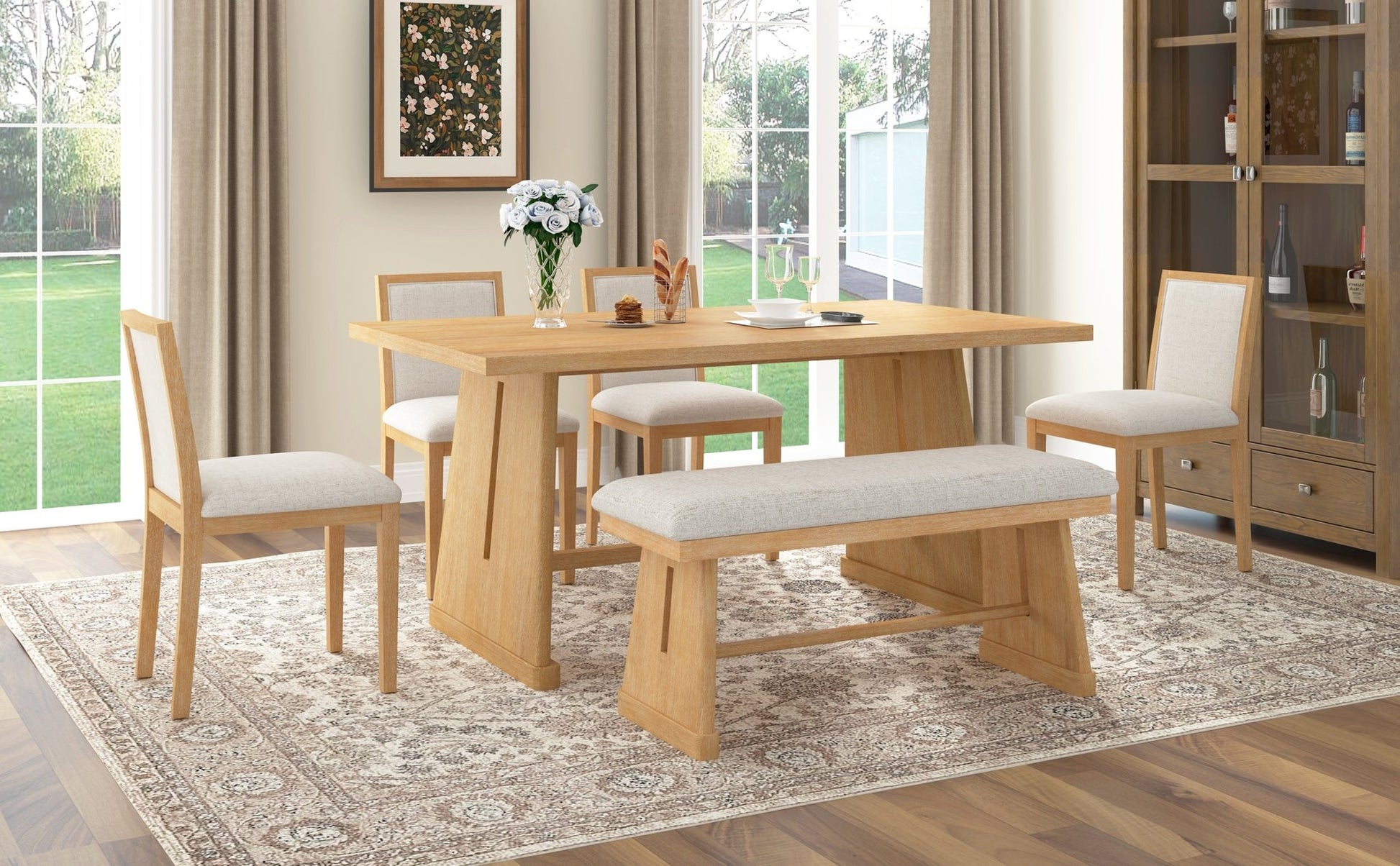 TREXM 6 - Piece Rustic Farmhouse Dining Table Set with Wire Brushed Design, Rectangular Dining Table with Trapezoid Legs, 4 Upholstered Linen Chairs & 1 Padded Bench for Dining Room & Kitchen (Natural) - 1st Choice Furniture Direct