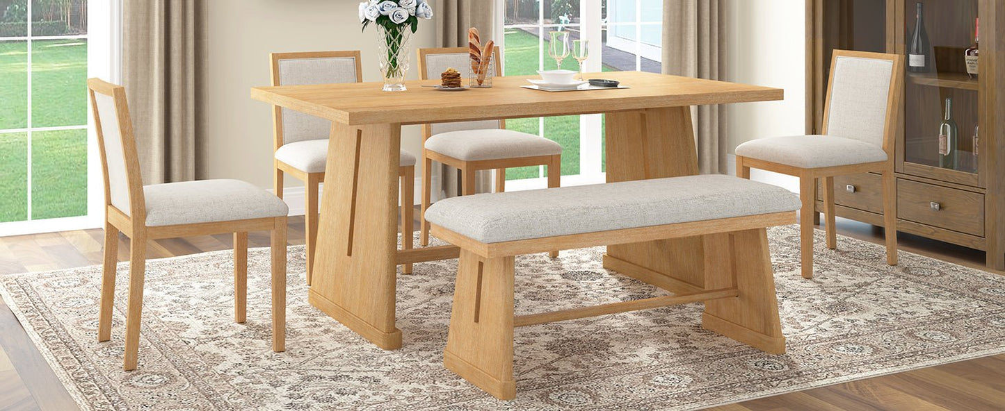 TREXM 6 - Piece Rustic Farmhouse Dining Table Set with Wire Brushed Design, Rectangular Dining Table with Trapezoid Legs, 4 Upholstered Linen Chairs & 1 Padded Bench for Dining Room & Kitchen (Natural) - 1st Choice Furniture Direct