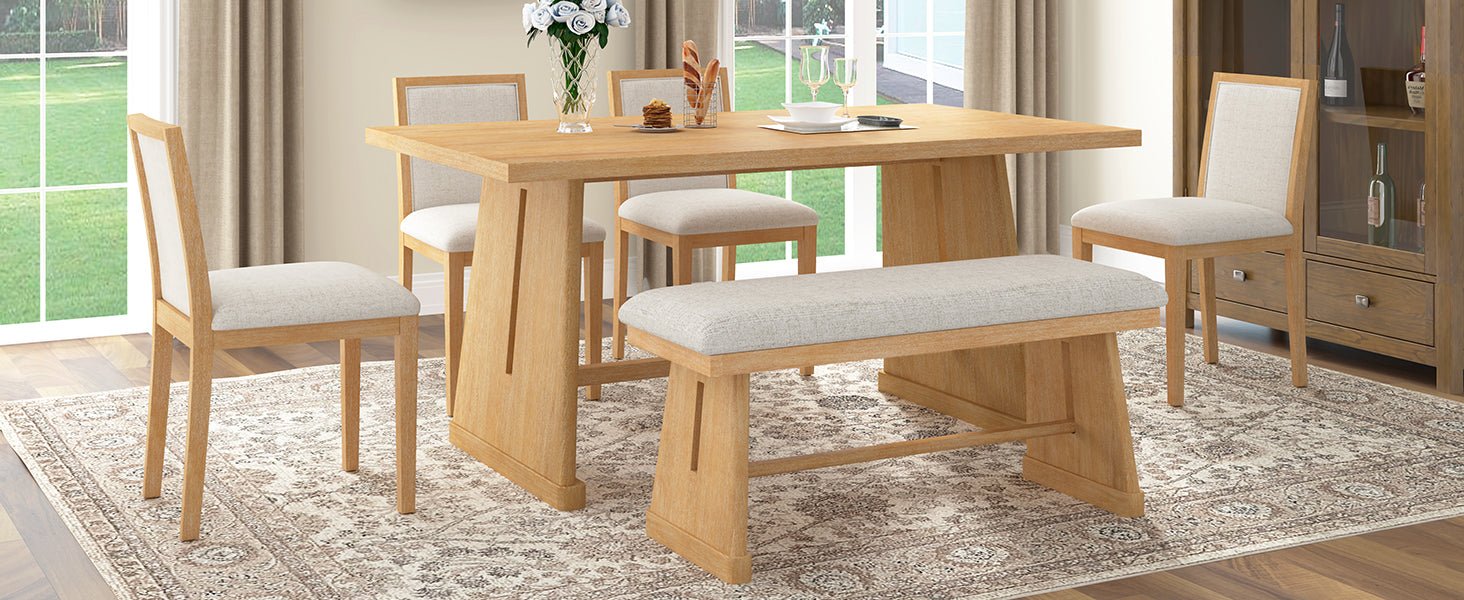 TREXM 6 - Piece Rustic Farmhouse Dining Table Set with Wire Brushed Design, Rectangular Dining Table with Trapezoid Legs, 4 Upholstered Linen Chairs & 1 Padded Bench for Dining Room & Kitchen (Natural) - 1st Choice Furniture Direct