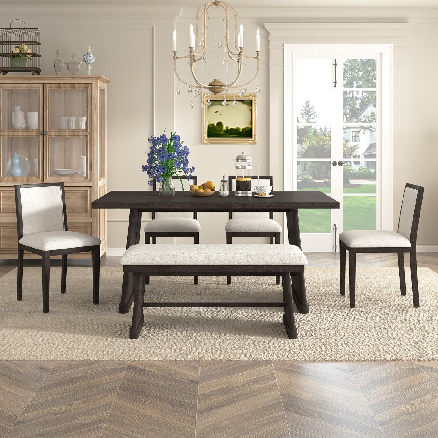 TREXM 6 - Piece Rustic Farmhouse Dining Table Set with Wire Brushed Design, Rectangular Dining Table with Trapezoid Legs, 4 Upholstered Linen Chairs & 1 Padded Bench for Dining Room & Kitchen (Espresso) - 1st Choice Furniture Direct