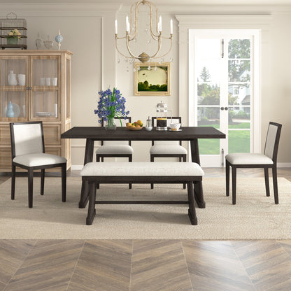 TREXM 6 - Piece Rustic Farmhouse Dining Table Set with Wire Brushed Design, Rectangular Dining Table with Trapezoid Legs, 4 Upholstered Linen Chairs & 1 Padded Bench for Dining Room & Kitchen (Espresso) - 1st Choice Furniture Direct