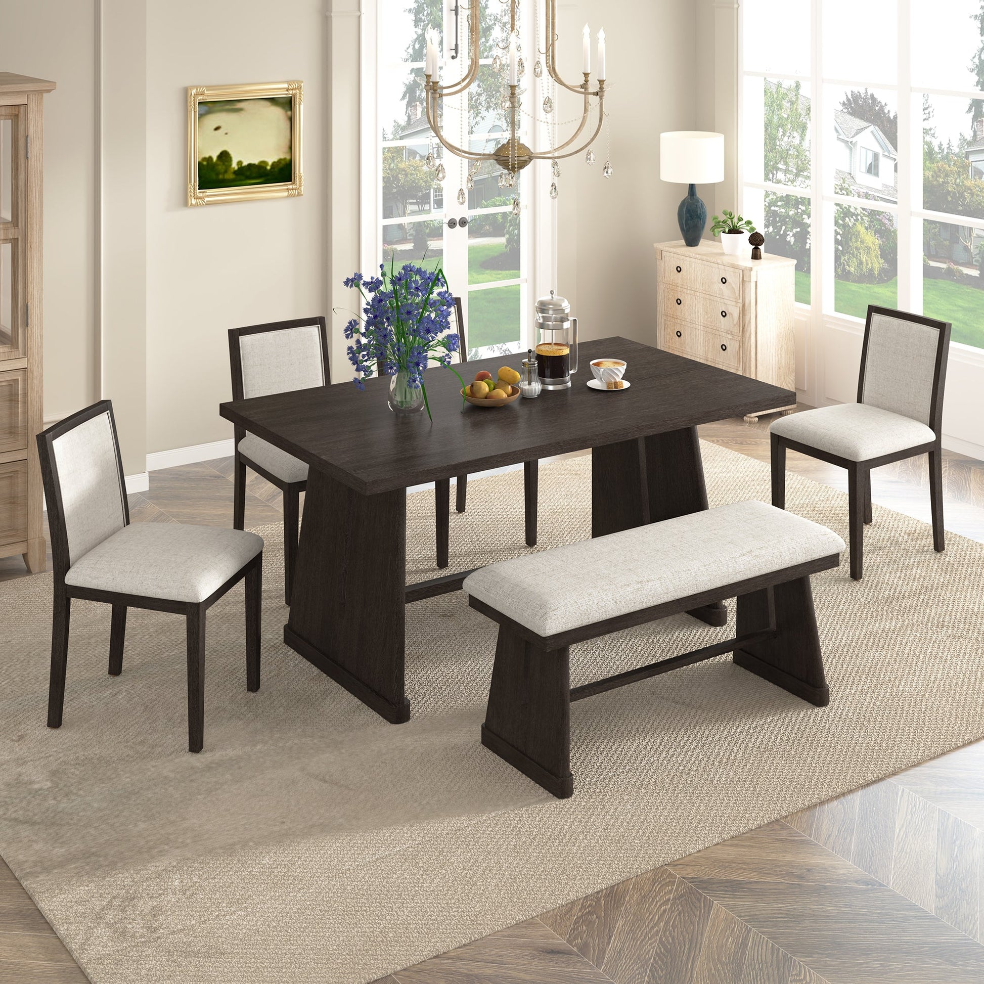 TREXM 6 - Piece Rustic Farmhouse Dining Table Set with Wire Brushed Design, Rectangular Dining Table with Trapezoid Legs, 4 Upholstered Linen Chairs & 1 Padded Bench for Dining Room & Kitchen (Espresso) - 1st Choice Furniture Direct