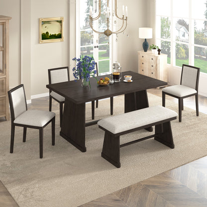 TREXM 6 - Piece Rustic Farmhouse Dining Table Set with Wire Brushed Design, Rectangular Dining Table with Trapezoid Legs, 4 Upholstered Linen Chairs & 1 Padded Bench for Dining Room & Kitchen (Espresso) - 1st Choice Furniture Direct