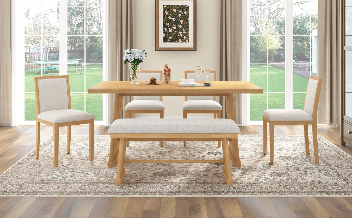 TREXM 6 - Piece Rustic Farmhouse Dining Table Set with Wire Brushed Design, Rectangular Dining Table with Trapezoid Legs, 4 Upholstered Linen Chairs & 1 Padded Bench for Dining Room & Kitchen (Natural) - 1st Choice Furniture Direct