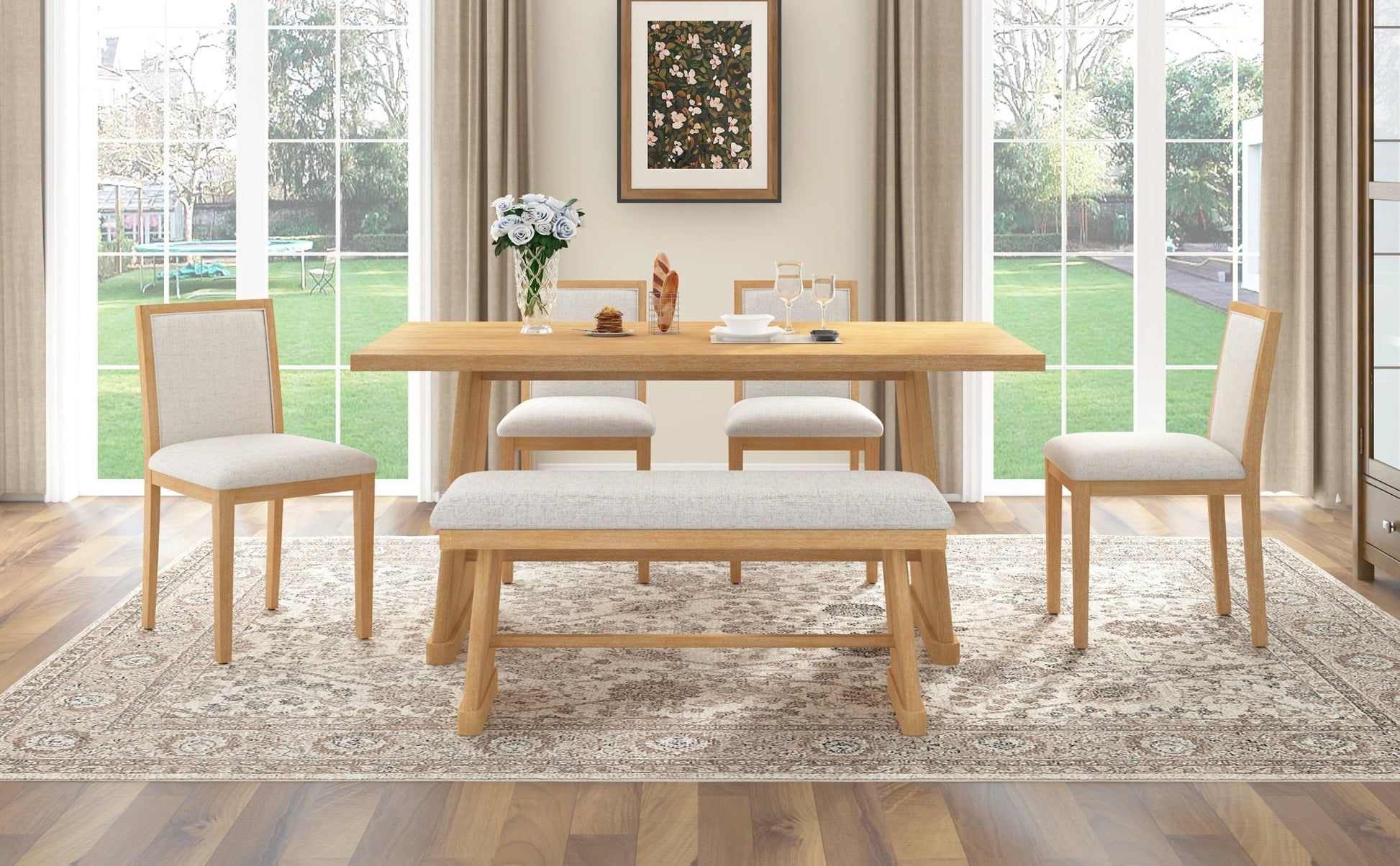 TREXM 6 - Piece Rustic Farmhouse Dining Table Set with Wire Brushed Design, Rectangular Dining Table with Trapezoid Legs, 4 Upholstered Linen Chairs & 1 Padded Bench for Dining Room & Kitchen (Natural) - 1st Choice Furniture Direct