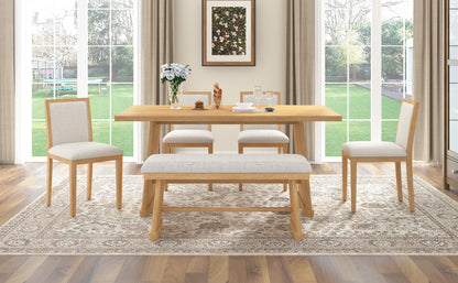 TREXM 6 - Piece Rustic Farmhouse Dining Table Set with Wire Brushed Design, Rectangular Dining Table with Trapezoid Legs, 4 Upholstered Linen Chairs & 1 Padded Bench for Dining Room & Kitchen (Natural) - 1st Choice Furniture Direct