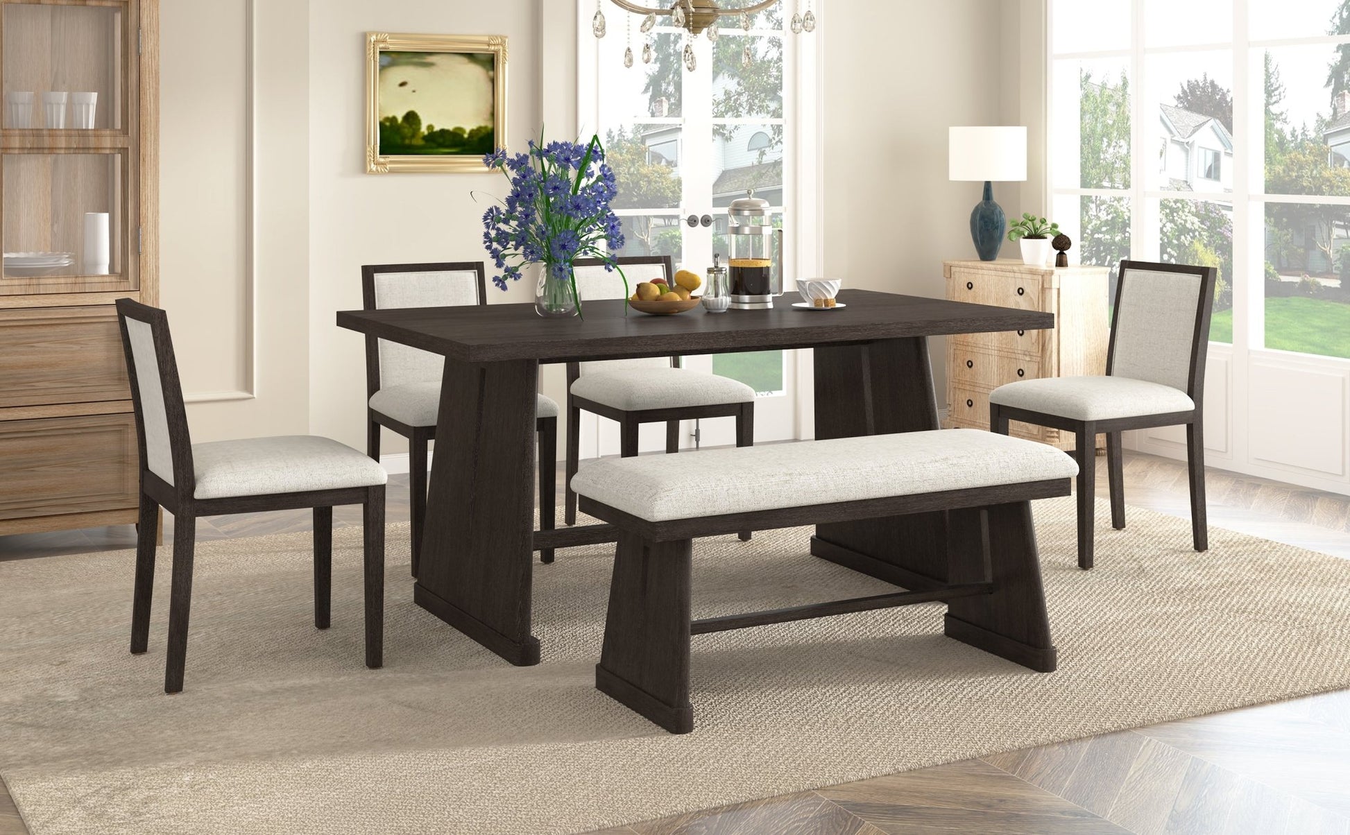 TREXM 6 - Piece Rustic Farmhouse Dining Table Set with Wire Brushed Design, Rectangular Dining Table with Trapezoid Legs, 4 Upholstered Linen Chairs & 1 Padded Bench for Dining Room & Kitchen (Espresso) - 1st Choice Furniture Direct