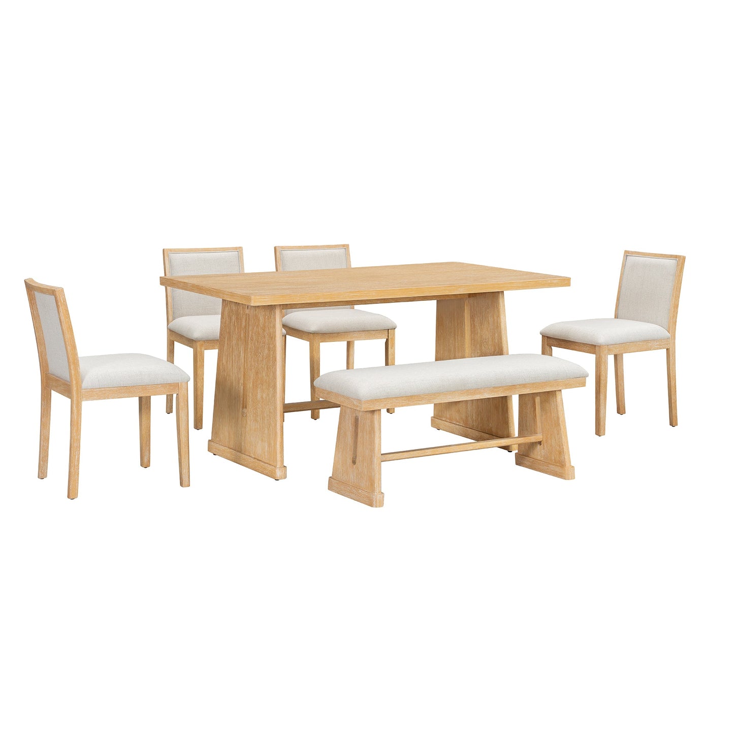 TREXM 6 - Piece Rustic Farmhouse Dining Table Set with Wire Brushed Design, Rectangular Dining Table with Trapezoid Legs, 4 Upholstered Linen Chairs & 1 Padded Bench for Dining Room & Kitchen (Natural) - 1st Choice Furniture Direct