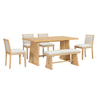 TREXM 6 - Piece Rustic Farmhouse Dining Table Set with Wire Brushed Design, Rectangular Dining Table with Trapezoid Legs, 4 Upholstered Linen Chairs & 1 Padded Bench for Dining Room & Kitchen (Natural) - 1st Choice Furniture Direct