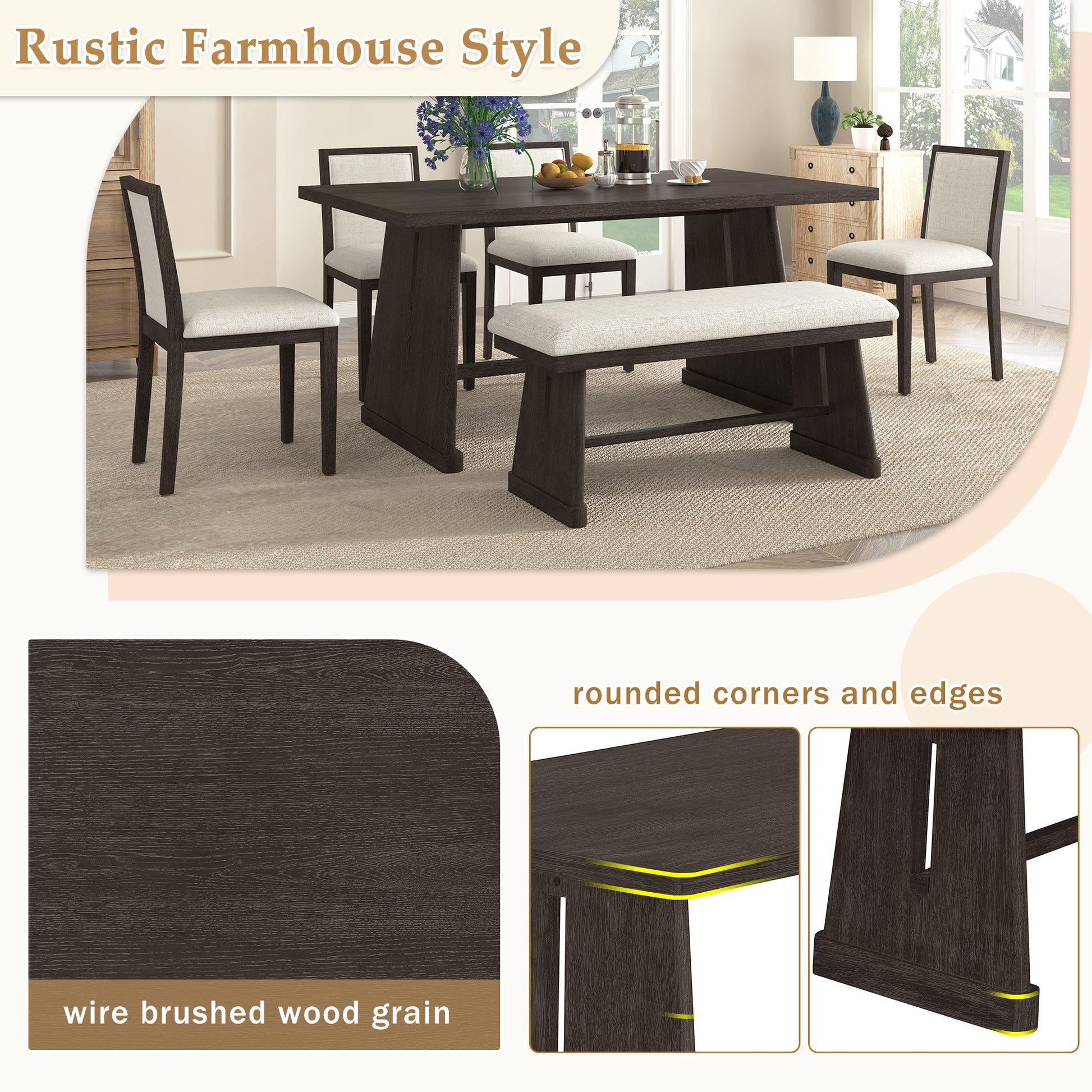 TREXM 6 - Piece Rustic Farmhouse Dining Table Set with Wire Brushed Design, Rectangular Dining Table with Trapezoid Legs, 4 Upholstered Linen Chairs & 1 Padded Bench for Dining Room & Kitchen (Espresso) - 1st Choice Furniture Direct