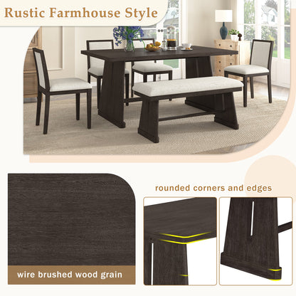 TREXM 6 - Piece Rustic Farmhouse Dining Table Set with Wire Brushed Design, Rectangular Dining Table with Trapezoid Legs, 4 Upholstered Linen Chairs & 1 Padded Bench for Dining Room & Kitchen (Espresso) - 1st Choice Furniture Direct