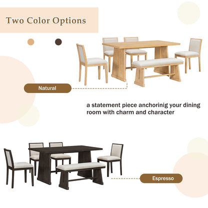 TREXM 6 - Piece Rustic Farmhouse Dining Table Set with Wire Brushed Design, Rectangular Dining Table with Trapezoid Legs, 4 Upholstered Linen Chairs & 1 Padded Bench for Dining Room & Kitchen (Natural) - 1st Choice Furniture Direct
