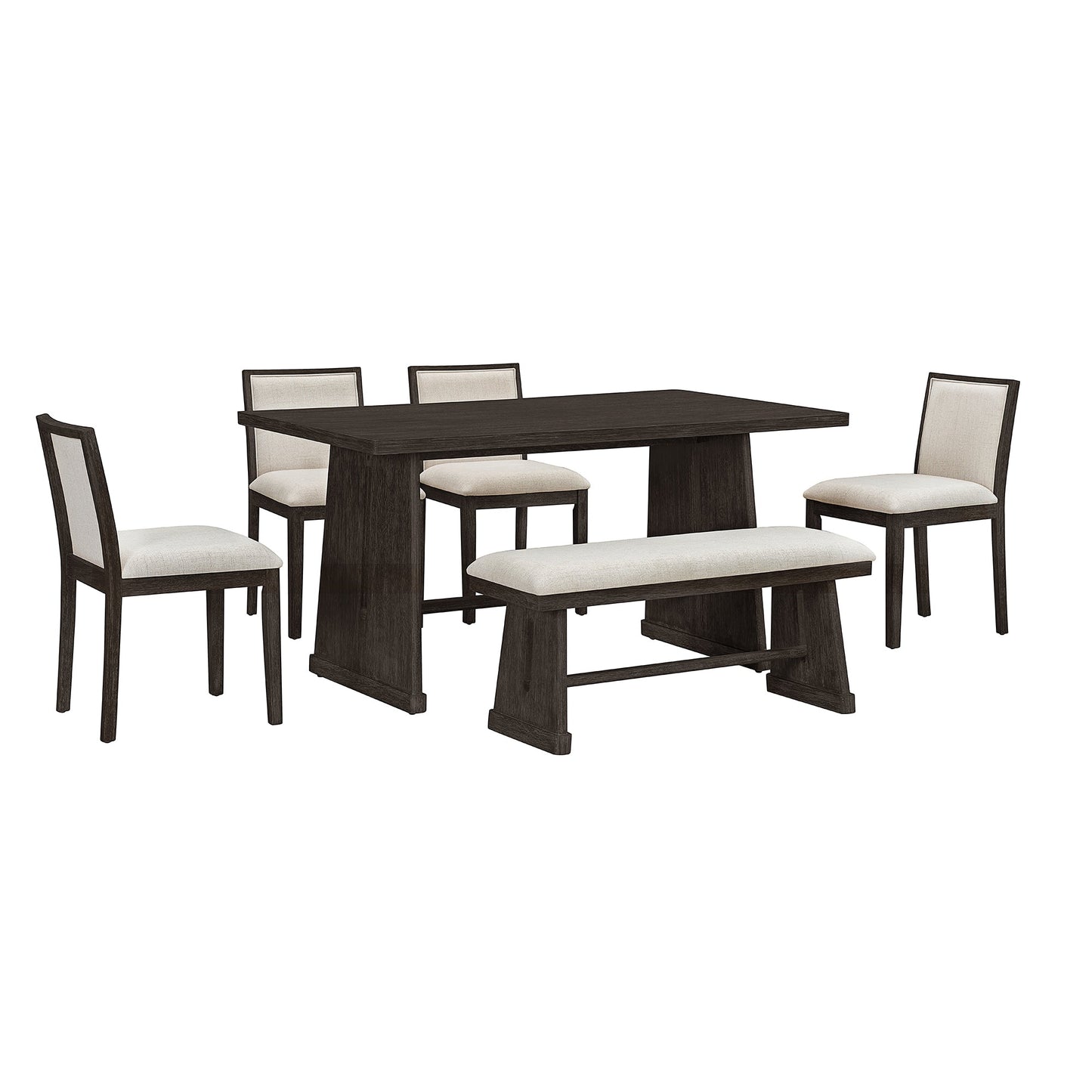 TREXM 6 - Piece Rustic Farmhouse Dining Table Set with Wire Brushed Design, Rectangular Dining Table with Trapezoid Legs, 4 Upholstered Linen Chairs & 1 Padded Bench for Dining Room & Kitchen (Espresso) - 1st Choice Furniture Direct