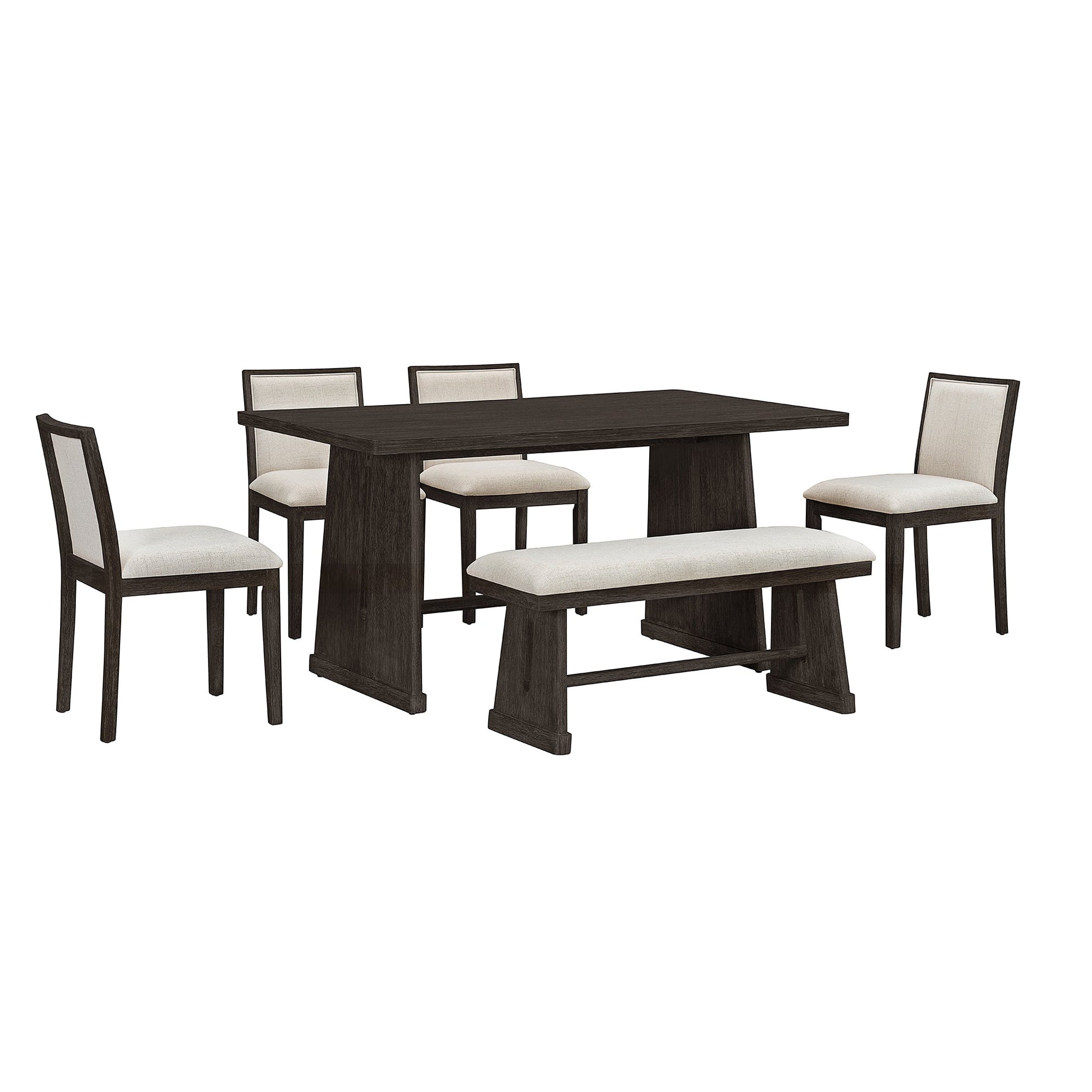 TREXM 6 - Piece Rustic Farmhouse Dining Table Set with Wire Brushed Design, Rectangular Dining Table with Trapezoid Legs, 4 Upholstered Linen Chairs & 1 Padded Bench for Dining Room & Kitchen (Espresso) - 1st Choice Furniture Direct