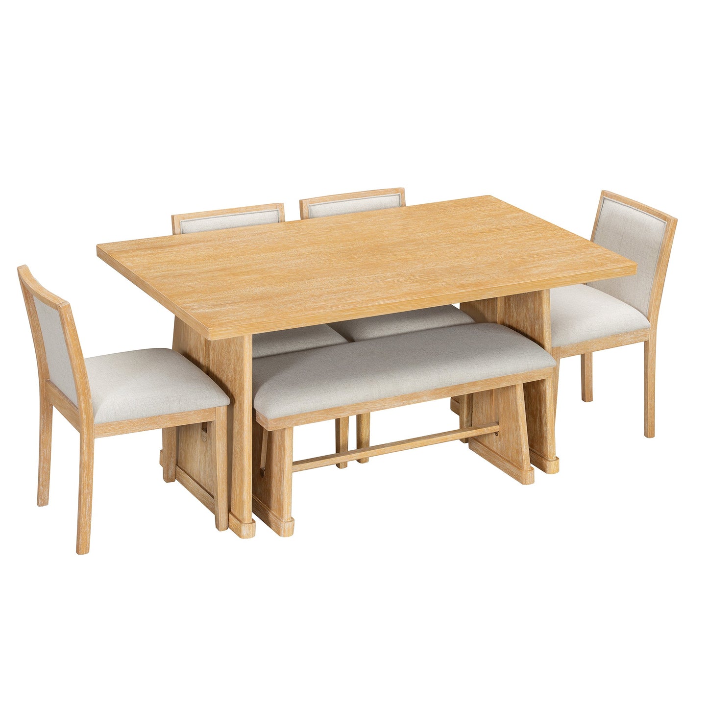TREXM 6 - Piece Rustic Farmhouse Dining Table Set with Wire Brushed Design, Rectangular Dining Table with Trapezoid Legs, 4 Upholstered Linen Chairs & 1 Padded Bench for Dining Room & Kitchen (Natural) - 1st Choice Furniture Direct