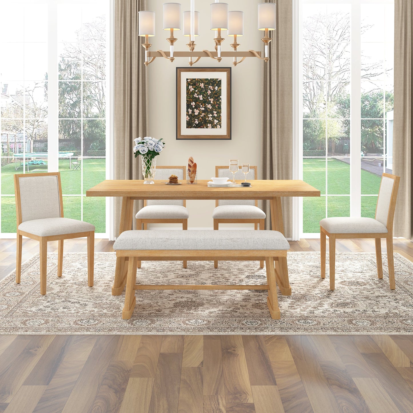TREXM 6 - Piece Rustic Farmhouse Dining Table Set with Wire Brushed Design, Rectangular Dining Table with Trapezoid Legs, 4 Upholstered Linen Chairs & 1 Padded Bench for Dining Room & Kitchen (Natural) - 1st Choice Furniture Direct